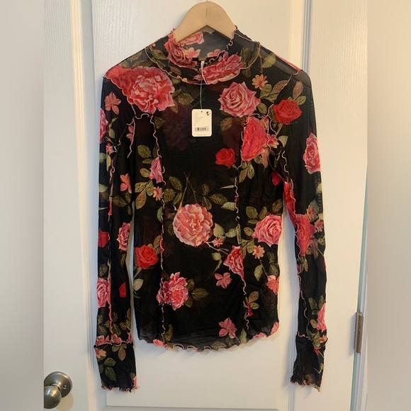 Free People Charlie Floral Printed Mesh Long Sleeve Mock Neck Top NWT - Picture 4 of 6
